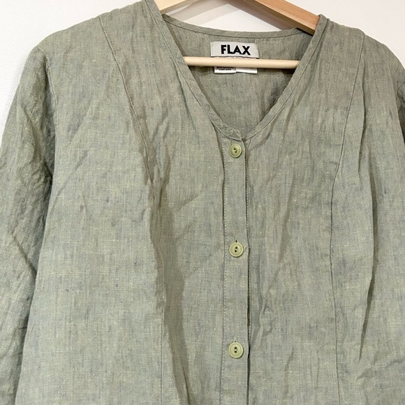 Flax Linen Back Pocket Button Front Lagenlook Shirt Light Green M - Picture 2 of 5
